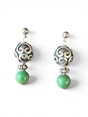 Green Aventurine & Signed 925 Silver Dangle Earrings